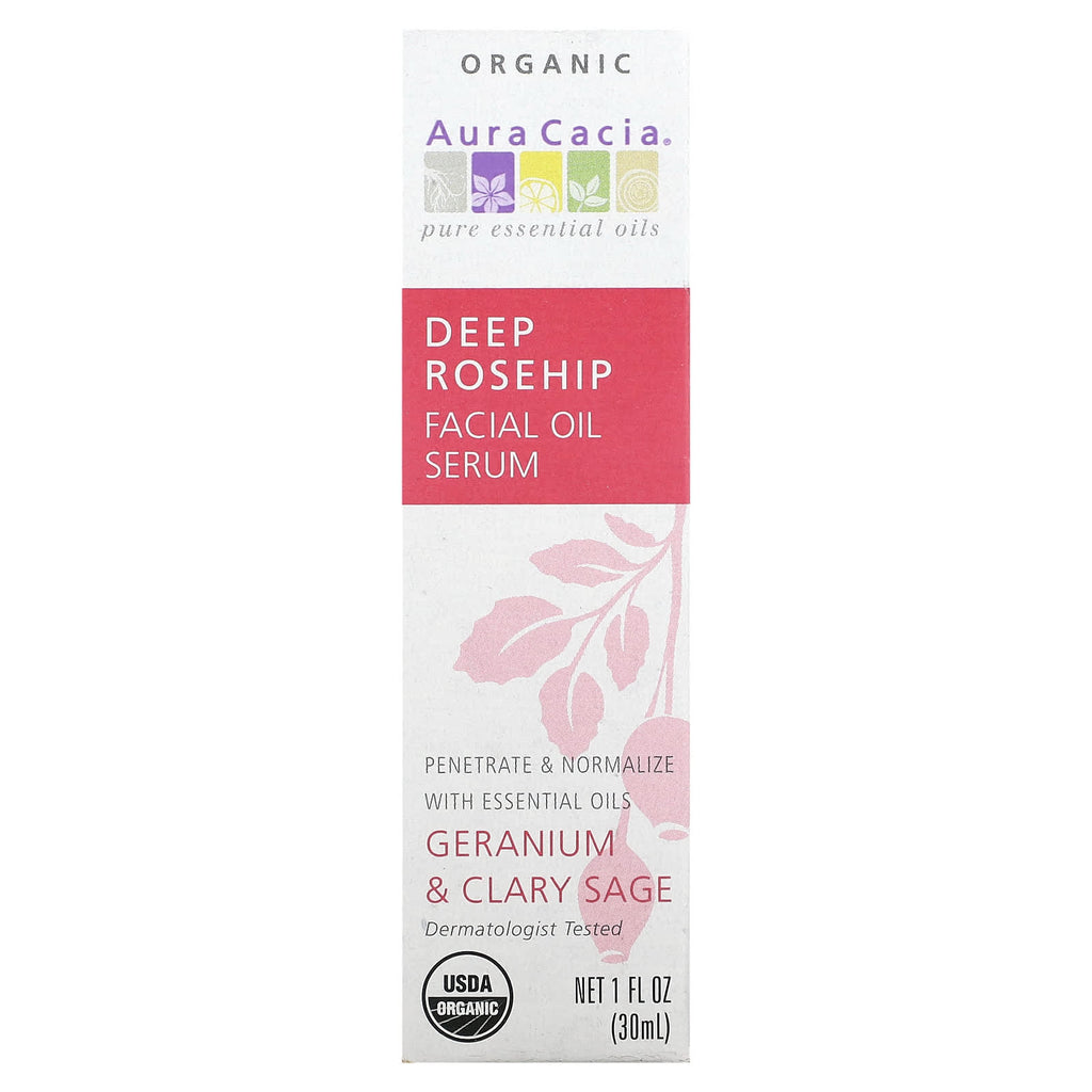 Aura Cacia, Organic Deep Rosehip Facial Oil Serum, Geranium & Clary Sage, 1 fl oz (30 ml)