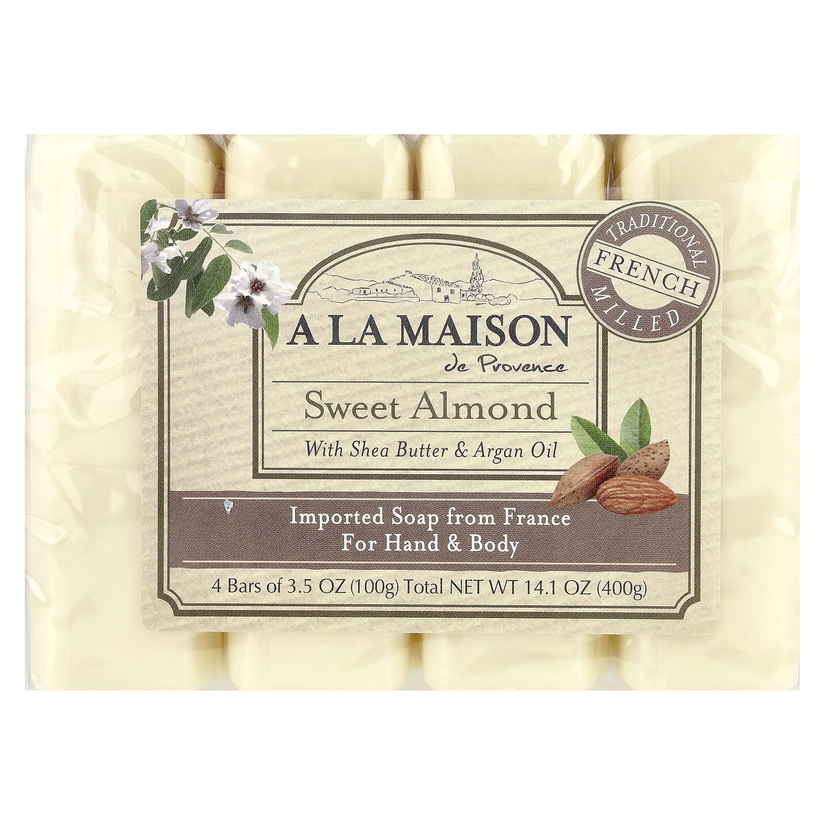 A La Maison de Provence, Hand & Body Bar Soap, Sweet Almond, 4 Bars, 3.5 oz (100 g) Each