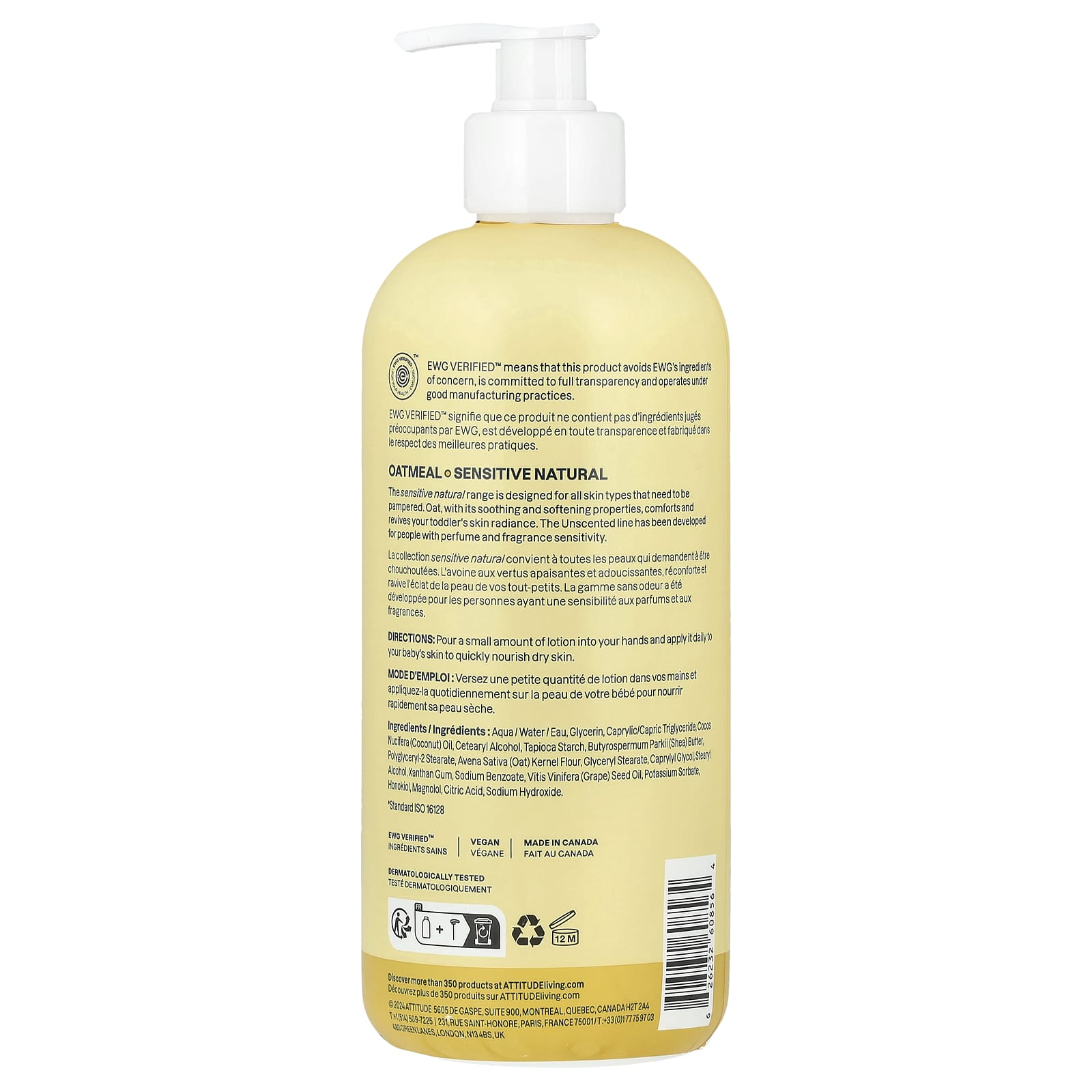 ATTITUDE, Baby Oatmeal Sensitive Natural, Body Lotion, Unscented, 16 fl oz (473 ml)