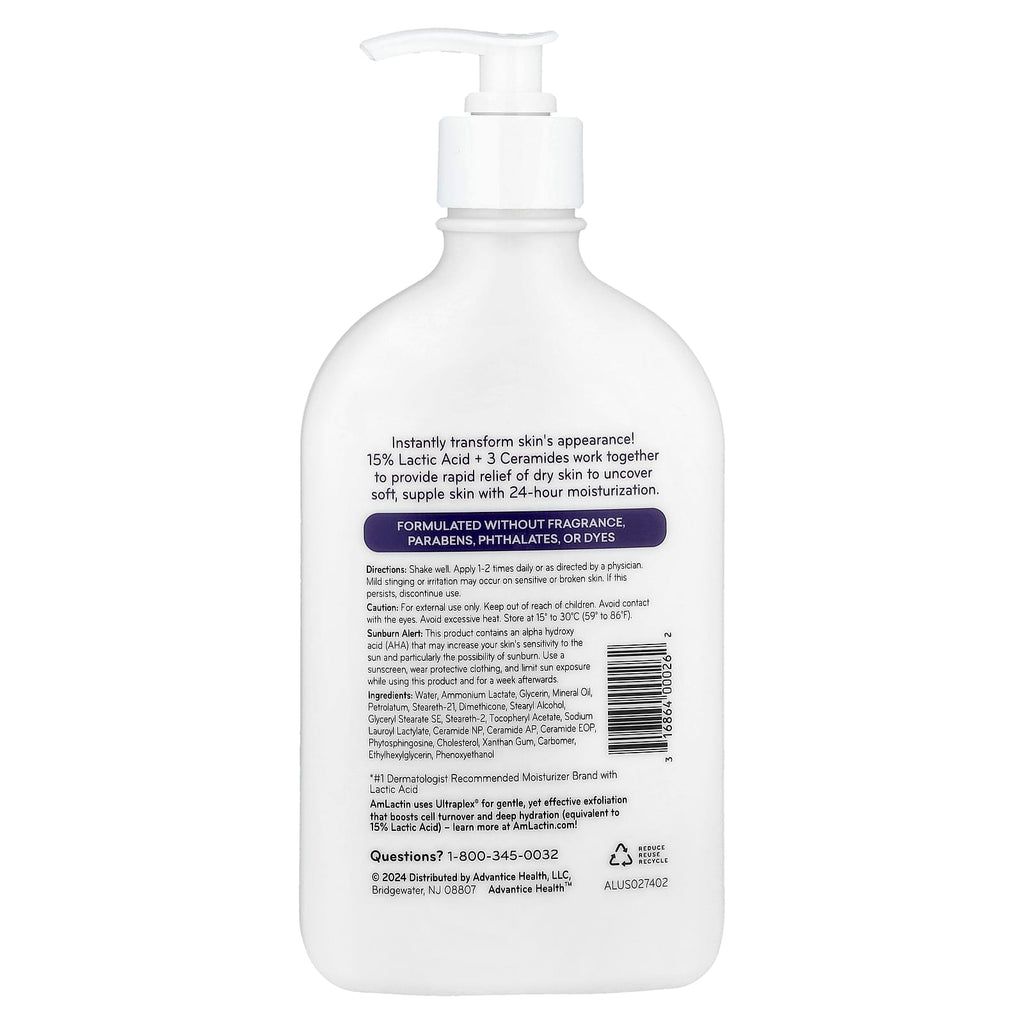 AmLactin, Intensive Healing, Exfoliating & Hydrating AHA Lotion, Dry, Flaky, Ashy Skin, Fragrance Free, 14.1 oz (400 g)