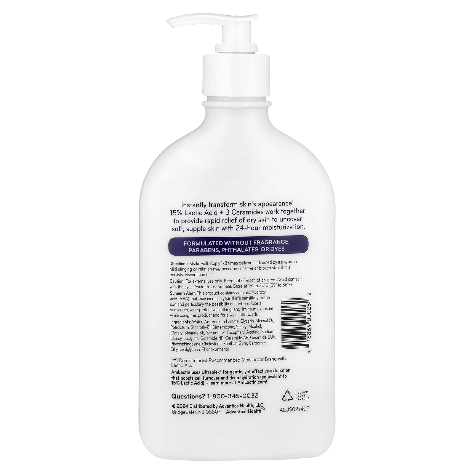 AmLactin, Intensive Healing, Exfoliating & Hydrating AHA Lotion, Dry, Flaky, Ashy Skin, Fragrance Free, 14.1 oz (400 g)