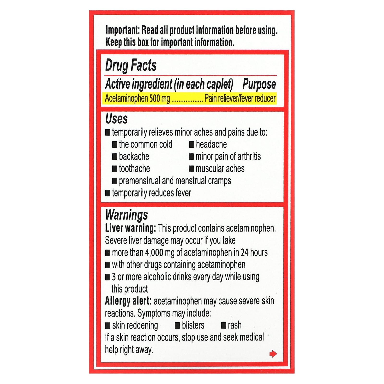 Tylenol, Acetaminophen Pain Reliever Fever Reducer For Adults, 500 mg, 50 Caplets