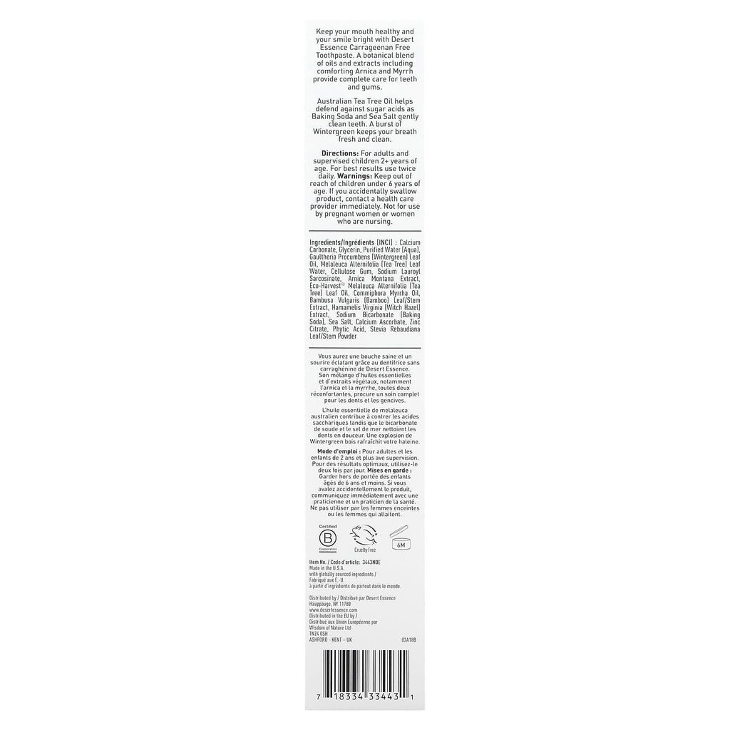 Desert Essence, Arnica & Tea Tree Oil Toothpaste, Wintergreen, 6.25 oz (176 g)
