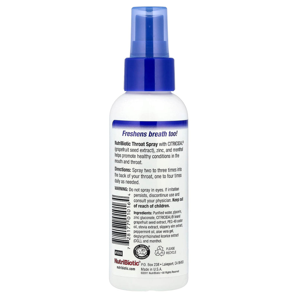NutriBiotic, Throat Spray with Grapefruit Seed Extract plus Zinc & Menthol, 4 fl oz (118 ml)