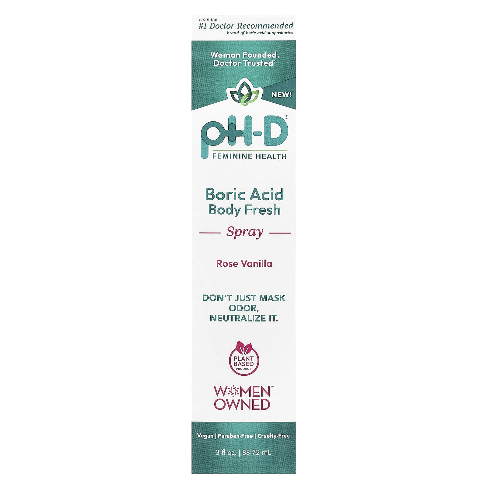 pH-D Feminine Health, Boric Acid, Body Fresh Spray, Rose Vanilla, 3 fl oz (88.72 ml)