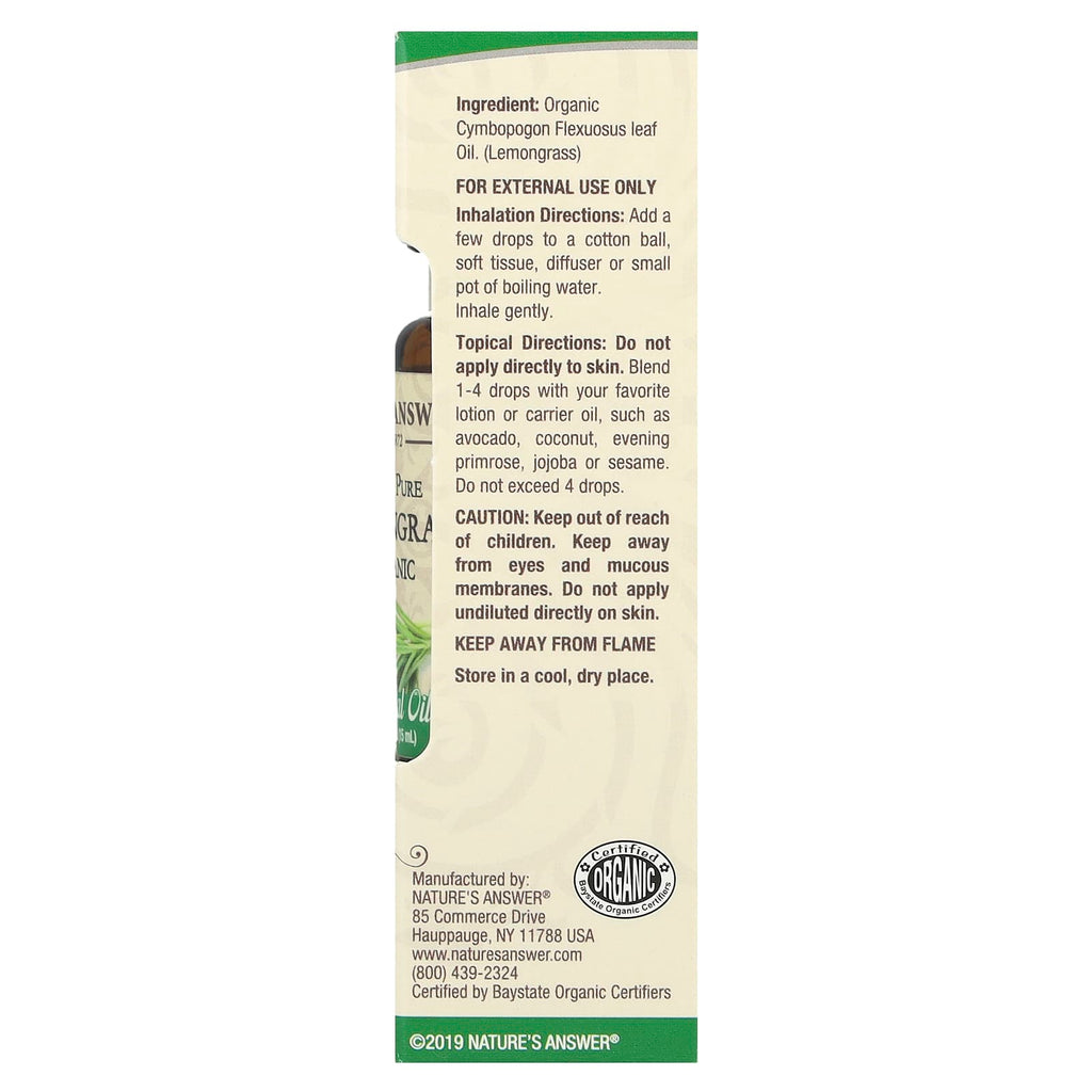 Nature's Answer, 100% Pure Organic Essential Oil, Lemongrass, 0.5 fl oz (15 ml)