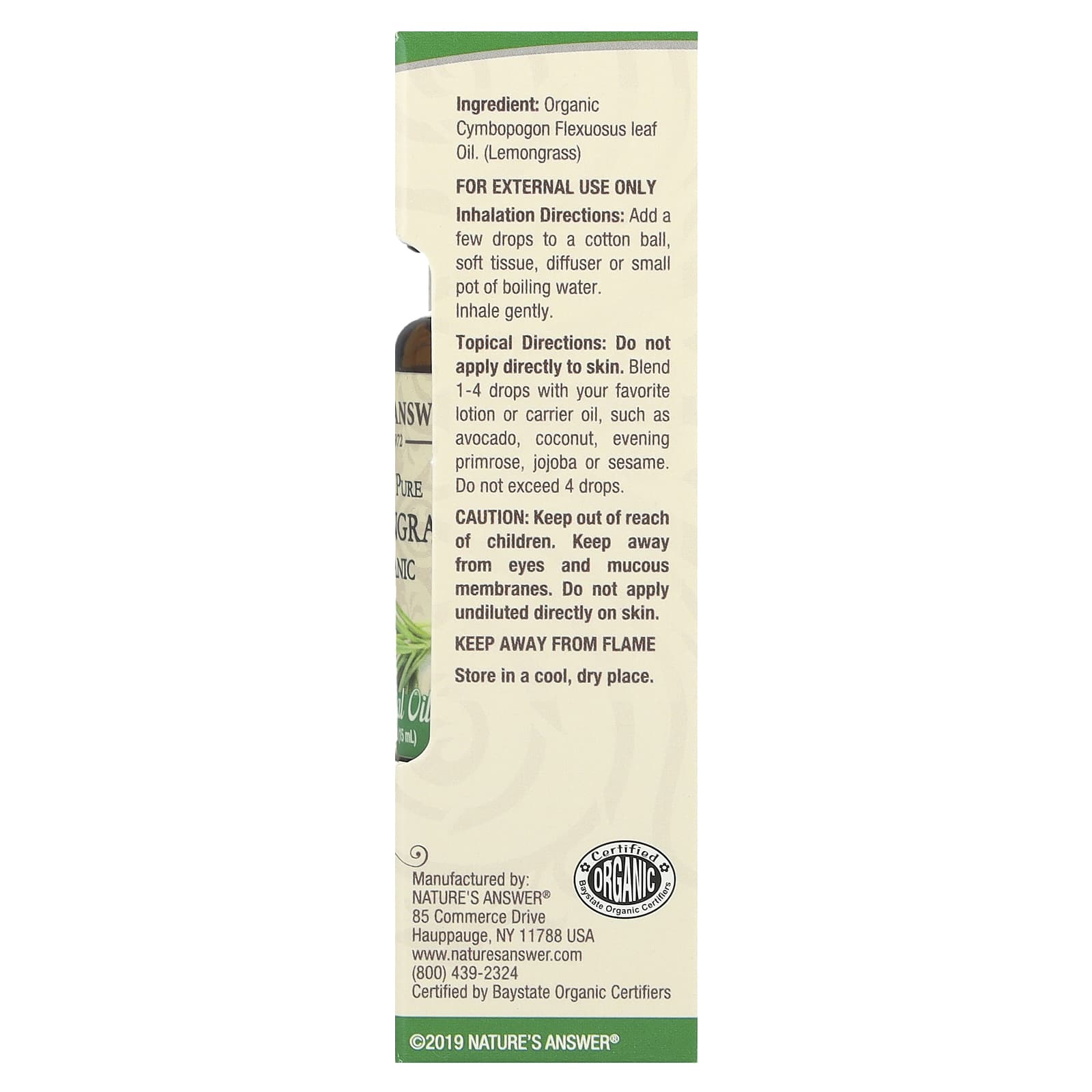 Nature's Answer, 100% Pure Organic Essential Oil, Lemongrass, 0.5 fl oz (15 ml)