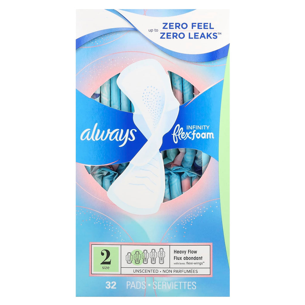 Always, Infinity Flex Foam with Flexi-Wings™, Size 2, Heavy Flow, Unscented, 32 Pads