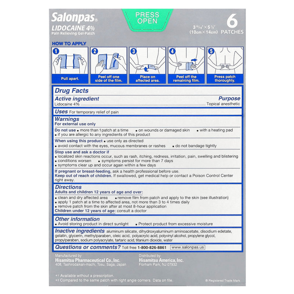 Salonpas, Lidocaine 4% Pain Relieving Gel-Patch, Maximum Strength, Unscented, 6 Patches