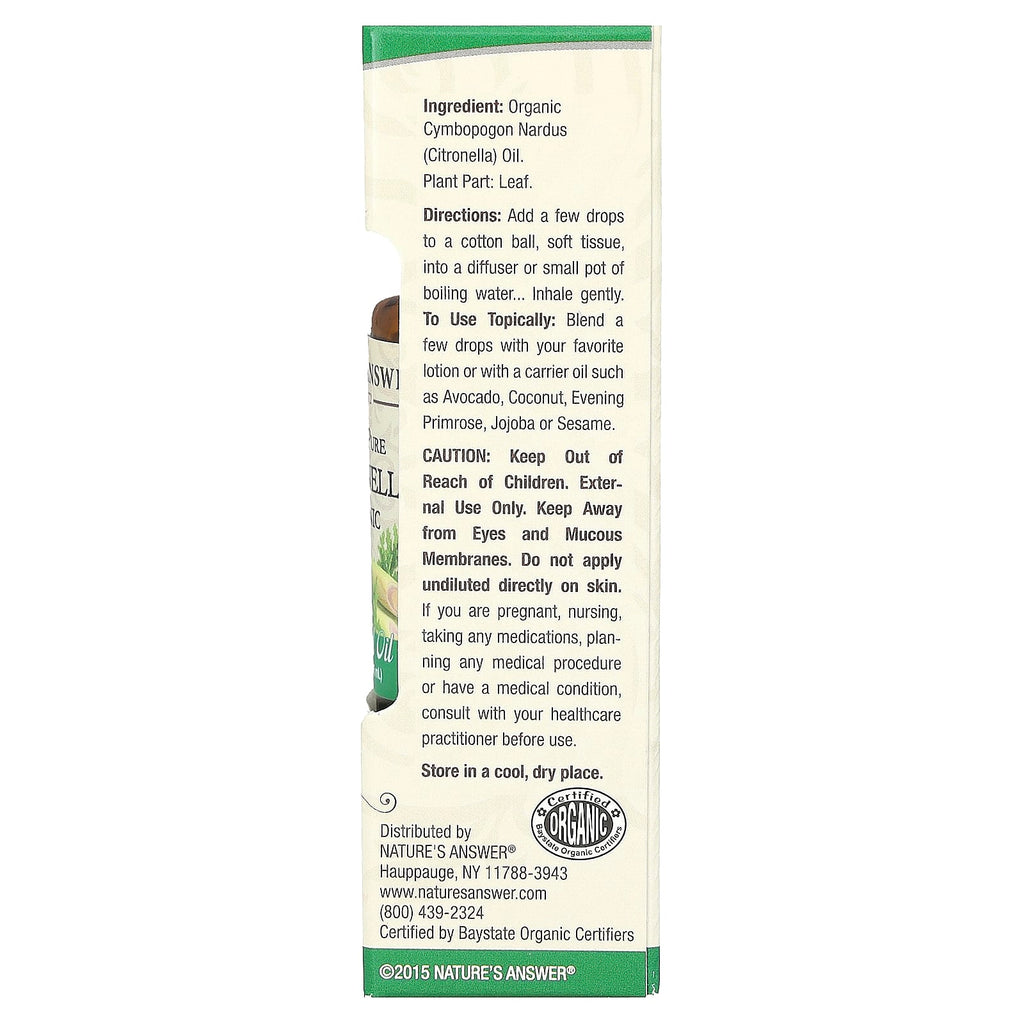 Nature's Answer, 100% Pure Organic Essential Oil Blend, Citronella, 0.5 fl oz (15 ml)