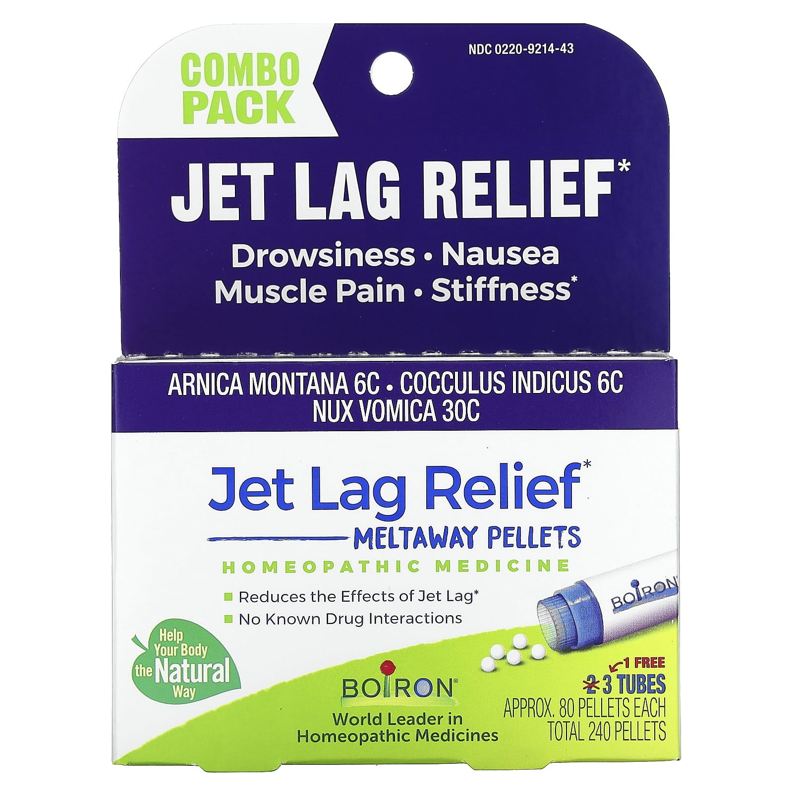 Boiron, Jet Lag Relief, Meltaway Pellets, Combo Pack, 3 Tubes, 80 Pellets Each