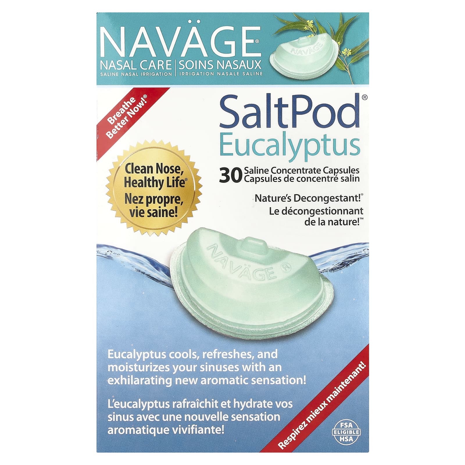 Navage, Nasal Care, Saline Nasal Irrigation, SaltPod® Eucalyptus, 30 Saline Concentrate Capsules