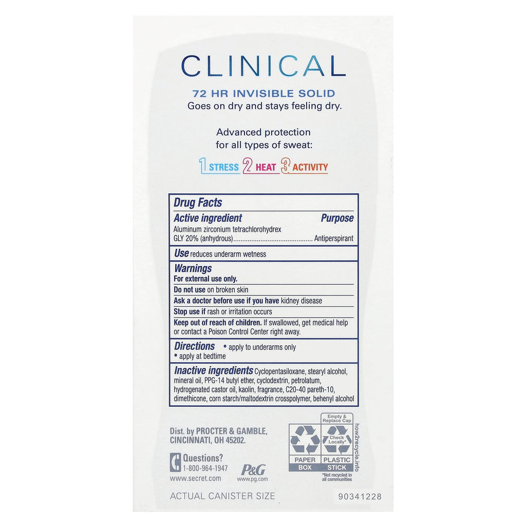 Secret, Clinical, 72 Hr Invisible Solid, Antiperspirant/Deodorant, Stress Response, 1.6 oz (45 g)