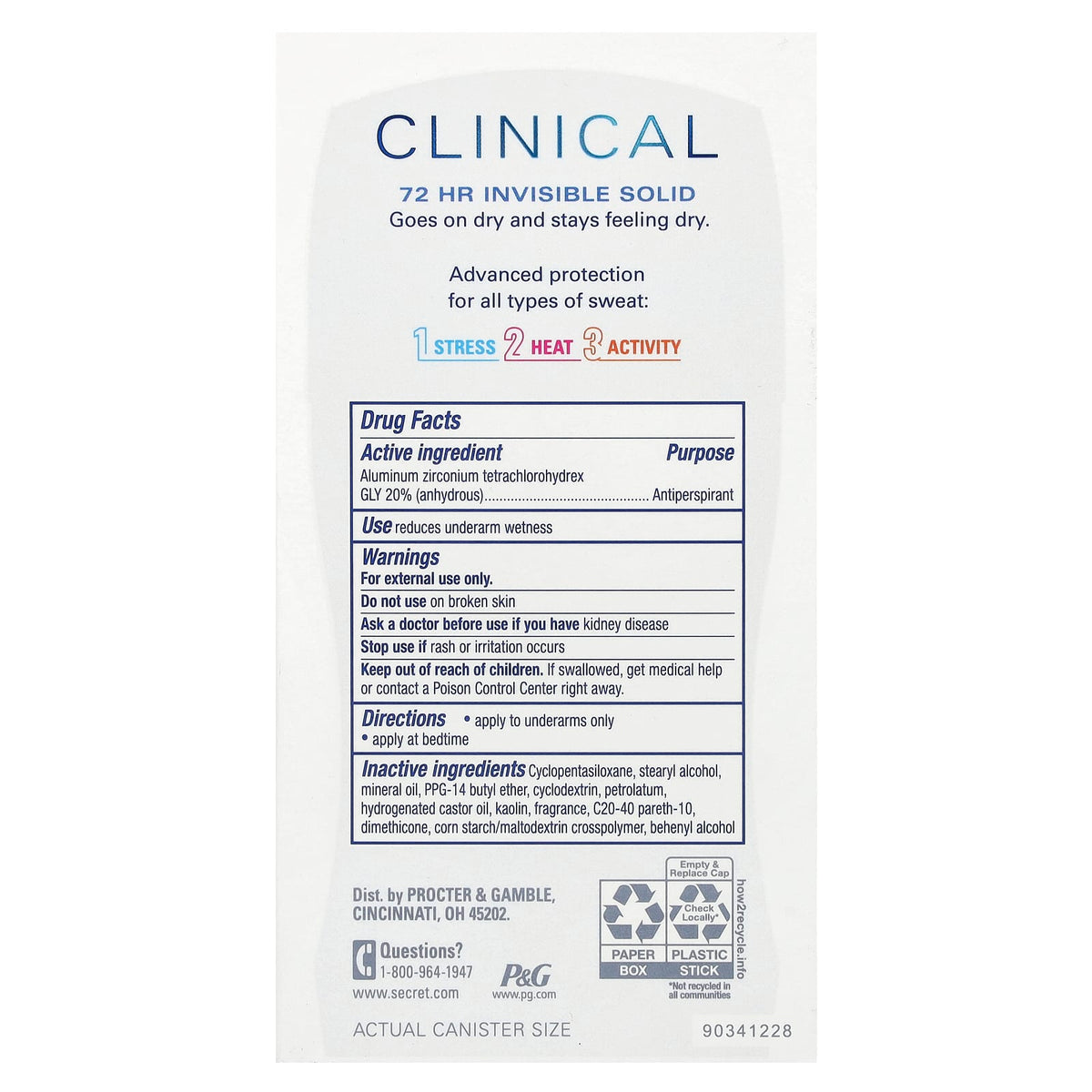Secret, Clinical, 72 Hr Invisible Solid, Antiperspirant/Deodorant, Stress Response, 1.6 oz (45 g)