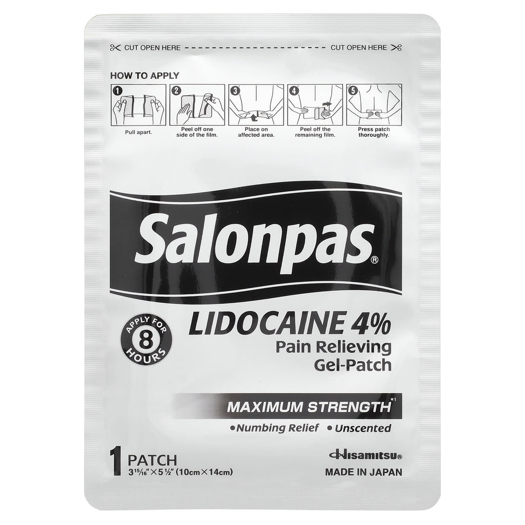Salonpas, Lidocaine 4% Pain Relieving Gel-Patch, Maximum Strength, Unscented, 6 Patches