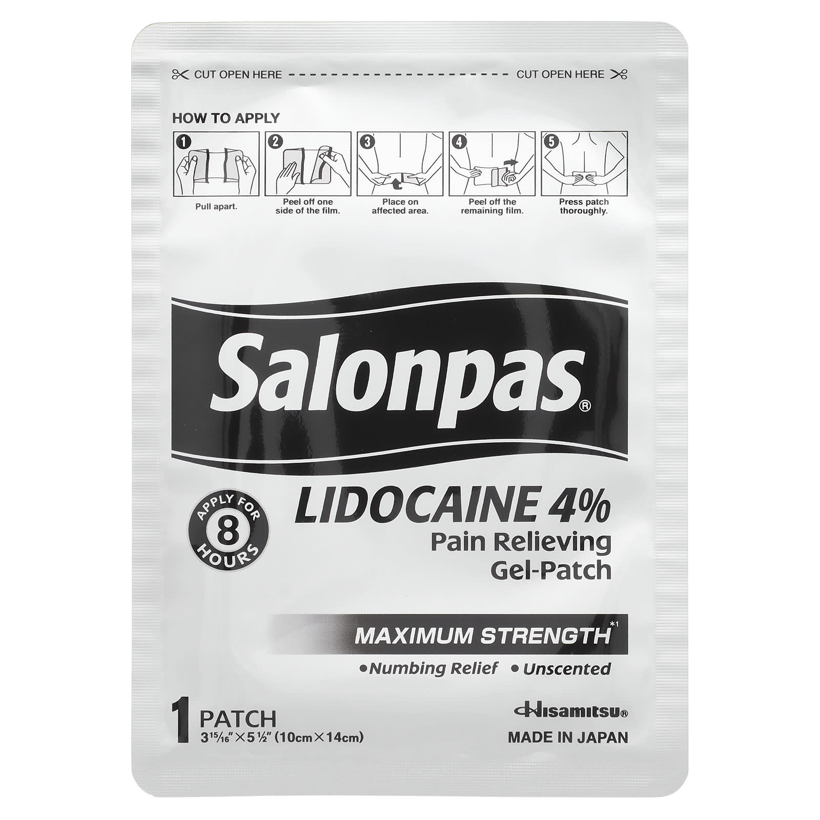 Salonpas, Lidocaine 4% Pain Relieving Gel-Patch, Maximum Strength, Unscented, 6 Patches