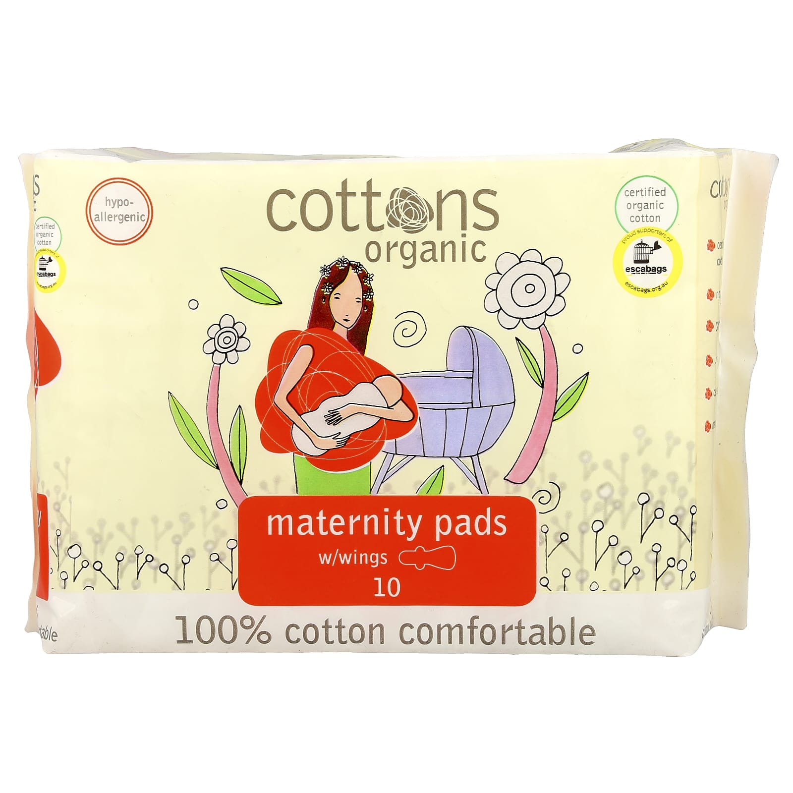 Cottons, 100% Cotton Comfortable, Maternity Pads with Wings, Heavy, Unscented, 10 Pads