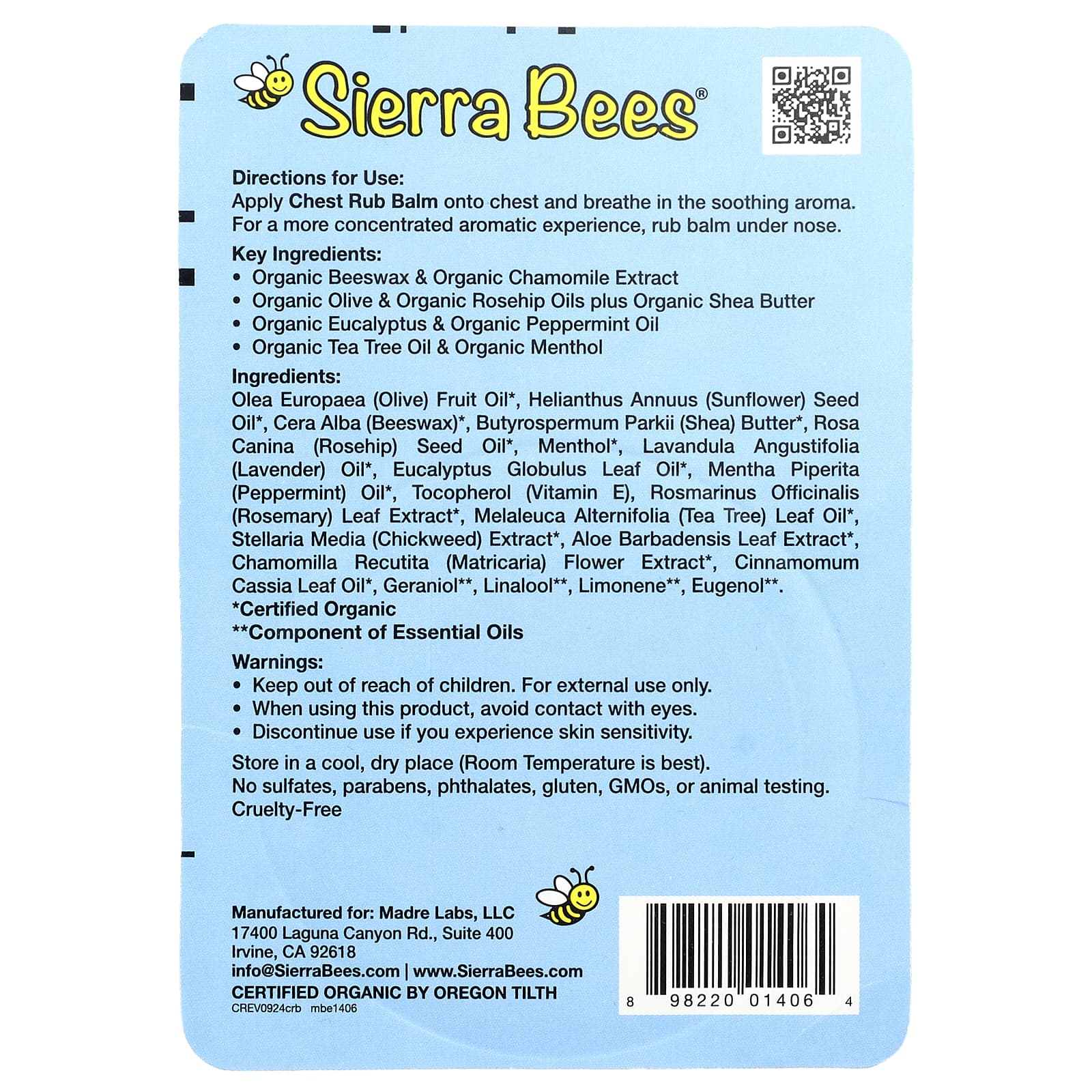 Sierra Bees, Chest Rub Balm, Eucalyptus & Peppermint, 0.6 oz (17 g)
