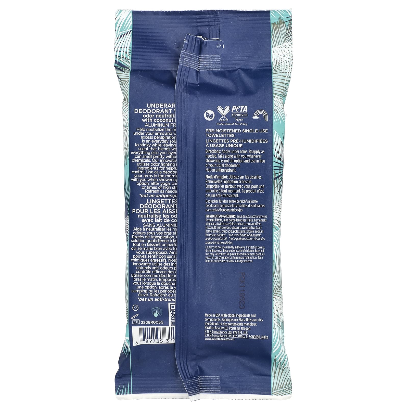 Pacifica, Underarm Deodorant Wipes with Coconut Milk, 30 Pre-Moistened Towelettes