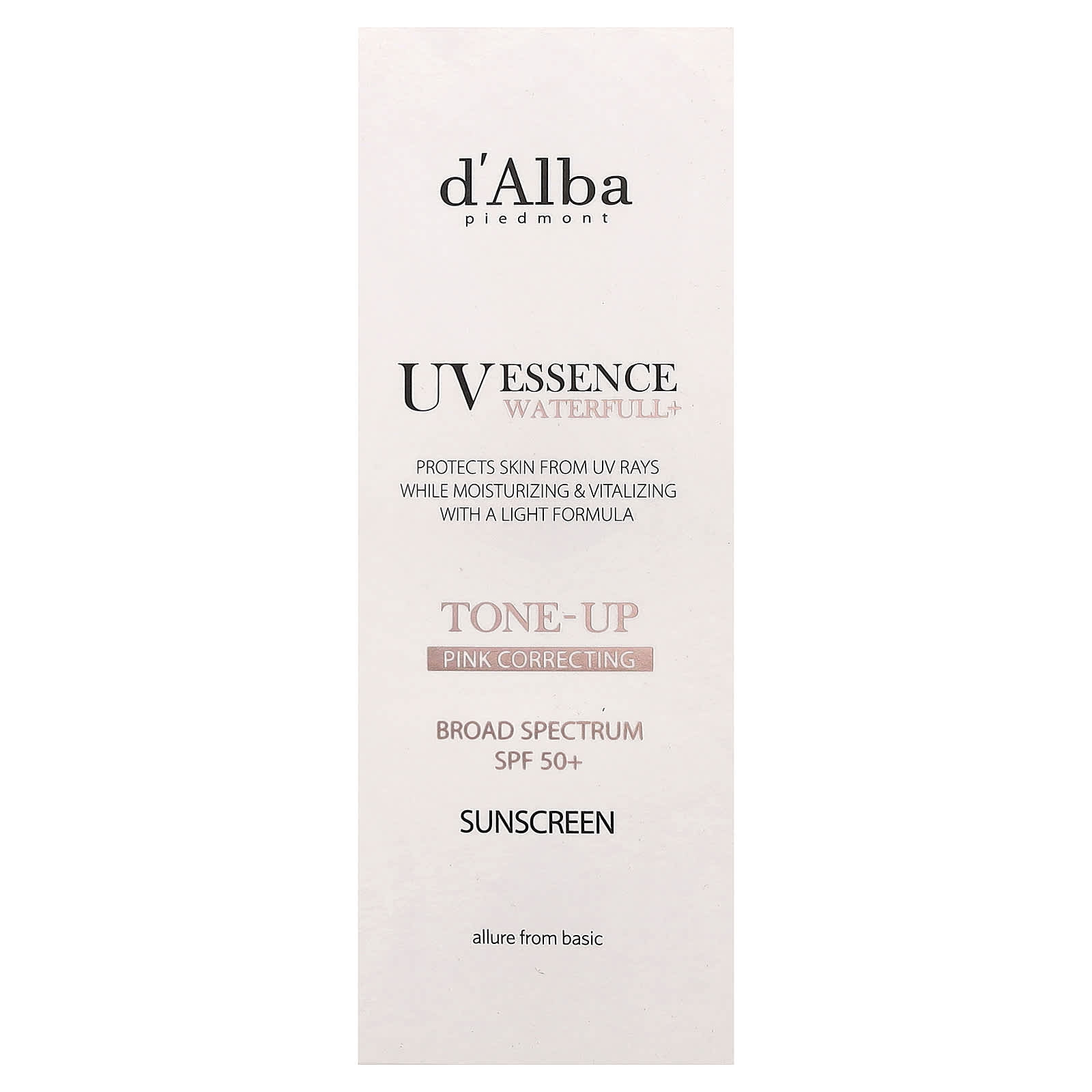 d'Alba, UV Essence Waterfull+ Sunscreen, Tone-Up Pink Correcting, SPF 50+, 1.69 fl oz (50 ml)