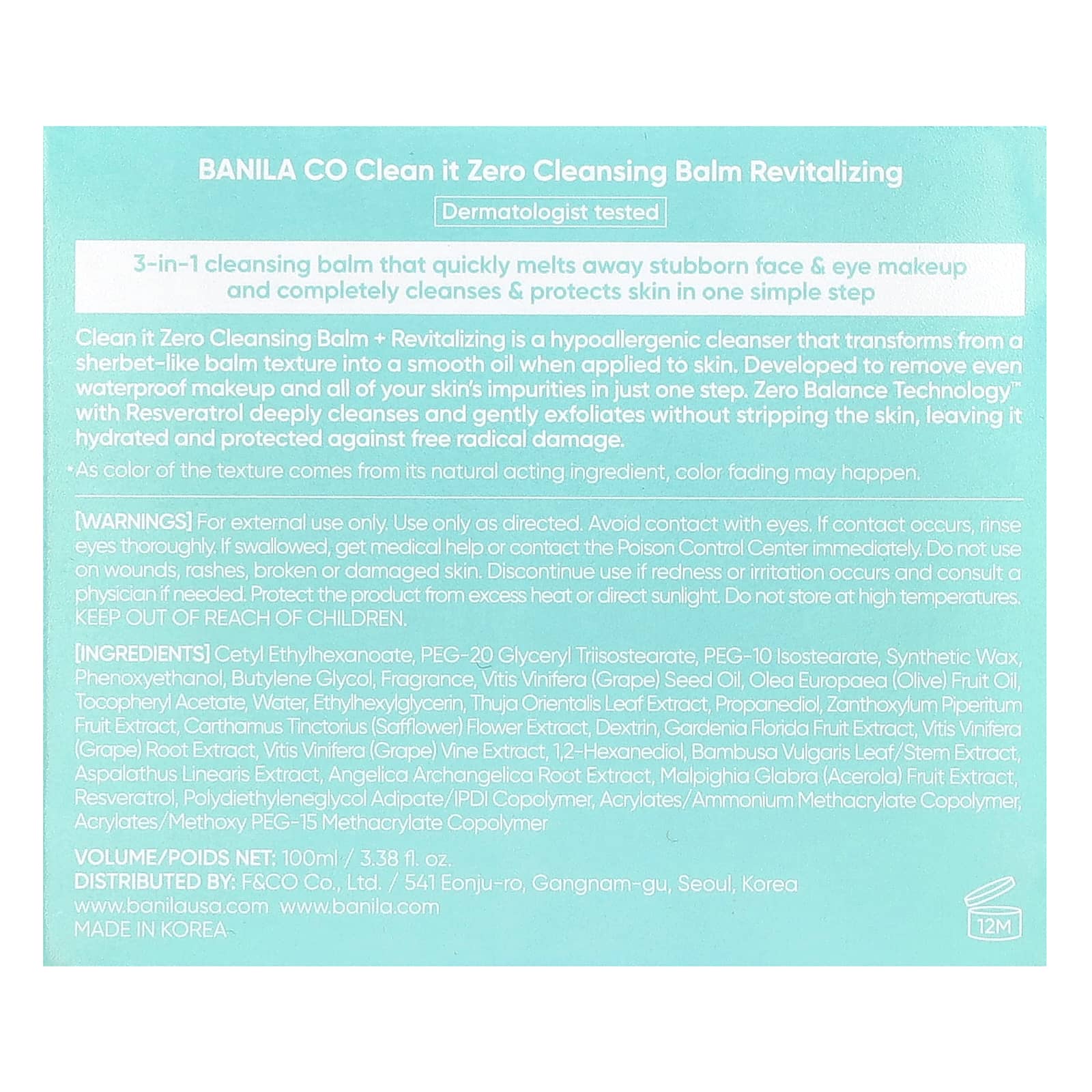 Banila Co, Clean It Zero, 3-in-1 Cleansing Balm, Revitalizing, 3.38 fl oz (100 ml)
