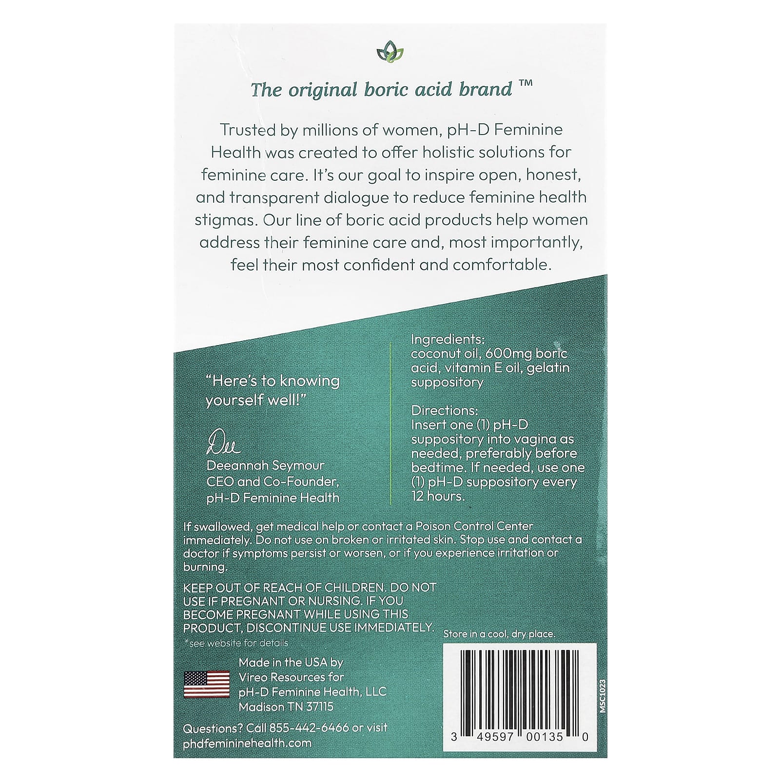 pH-D Feminine Health, Boric Acid, Vaginal Suppositories, 600 mg, 14 count