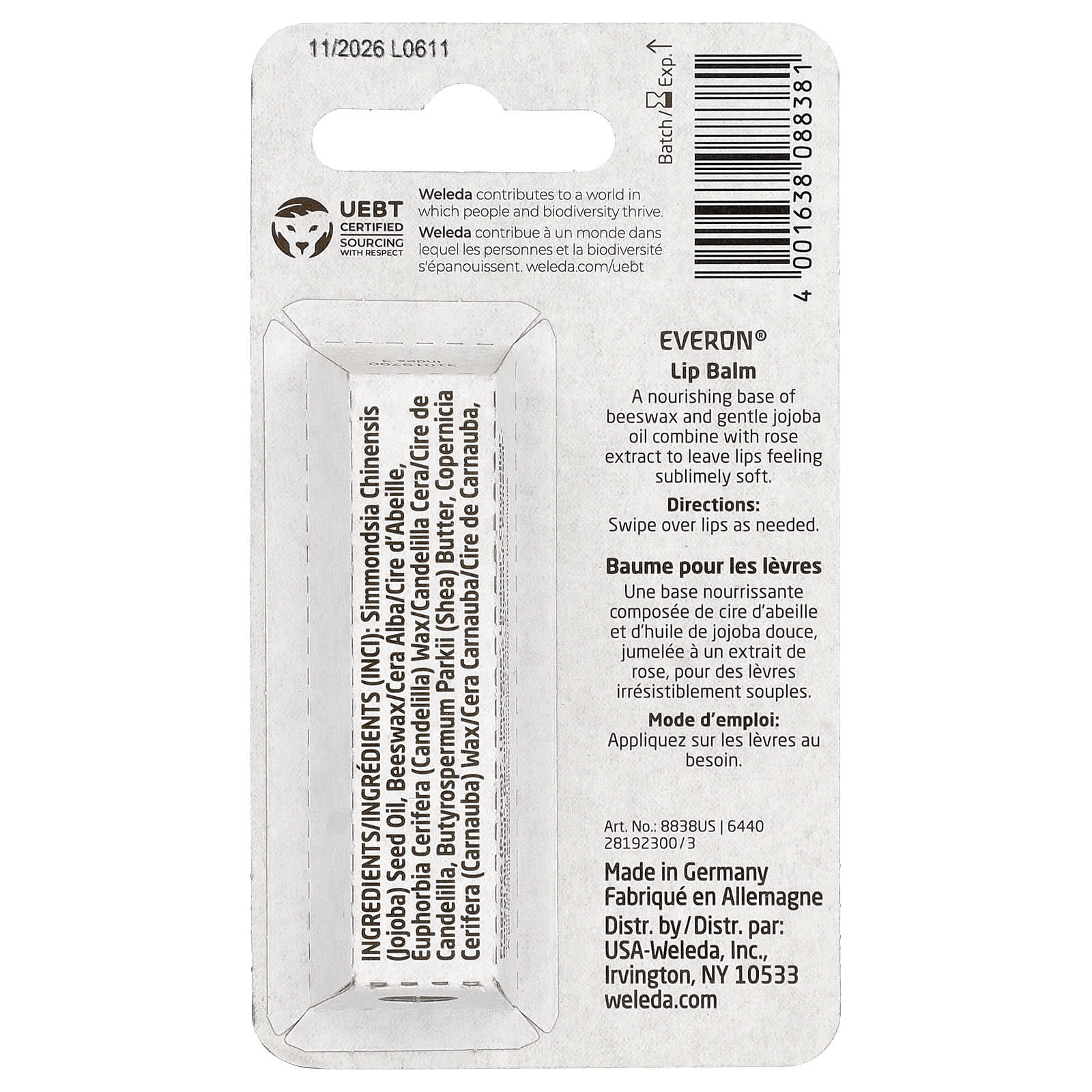Weleda, Everon®, Lip Balm, Rose & Beeswax, 0.17 oz (4.8 g)