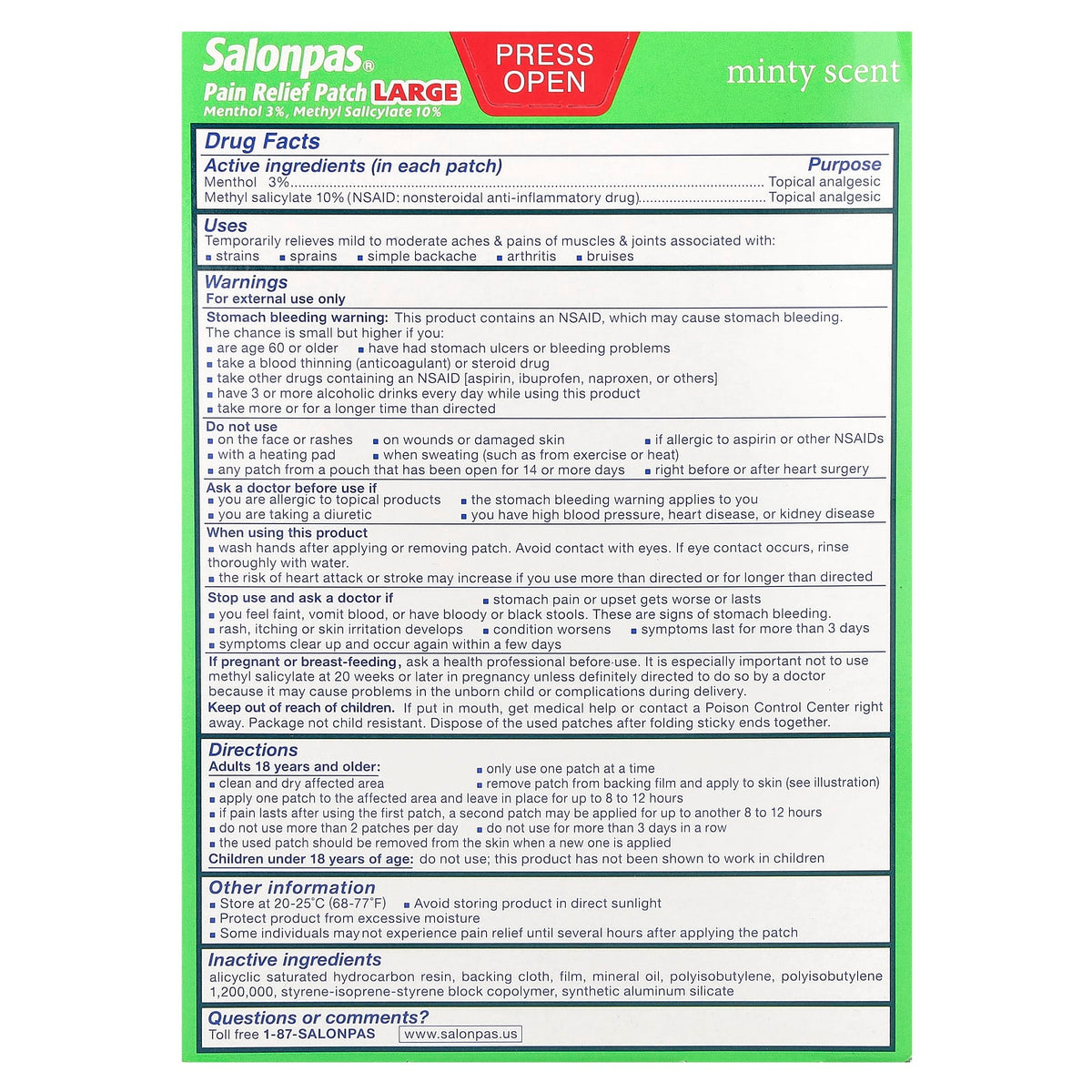 Salonpas, Pain Relief Patch, Large, Minty, 9 Patches