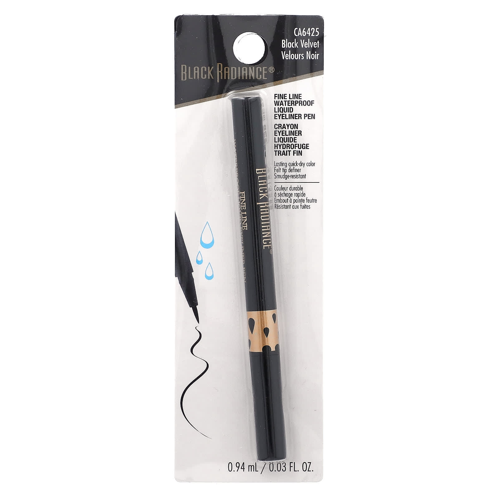 Black Radiance, Fine Line, Waterproof Liquid Eyeliner Pen, CA6425 Black Velvet, 0.03 fl oz (0.94 ml)