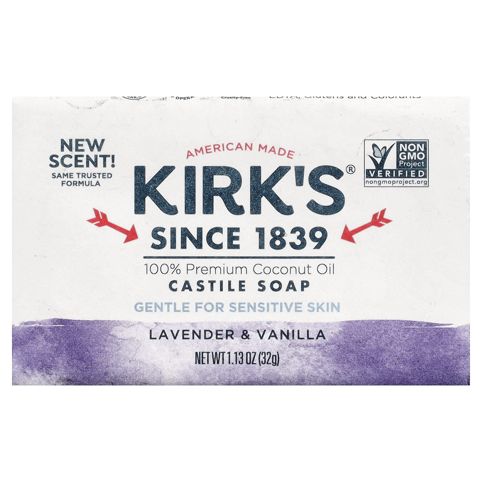 Kirk's, 100% Premium Coconut Oil Castile Bar Soap, Lavender & Vanilla, 1.13 oz (32 g)