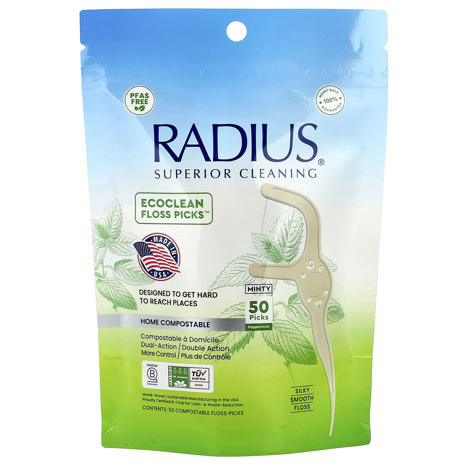 RADIUS, EcoClean Floss Picks™, Minty Peppermint, 50 Compostable Floss Picks