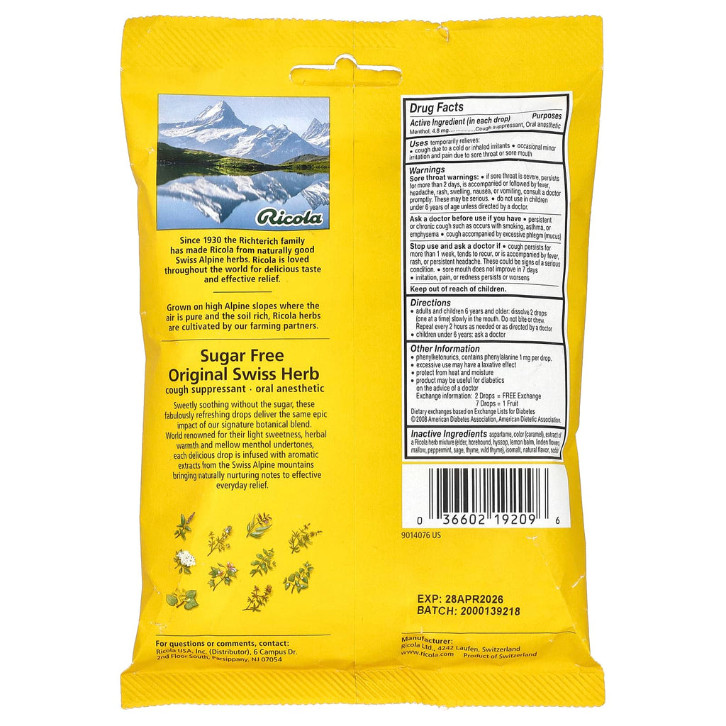 Ricola, Swiss Herb Cough Drops, Sugar Free, 19 Wrapped Drops