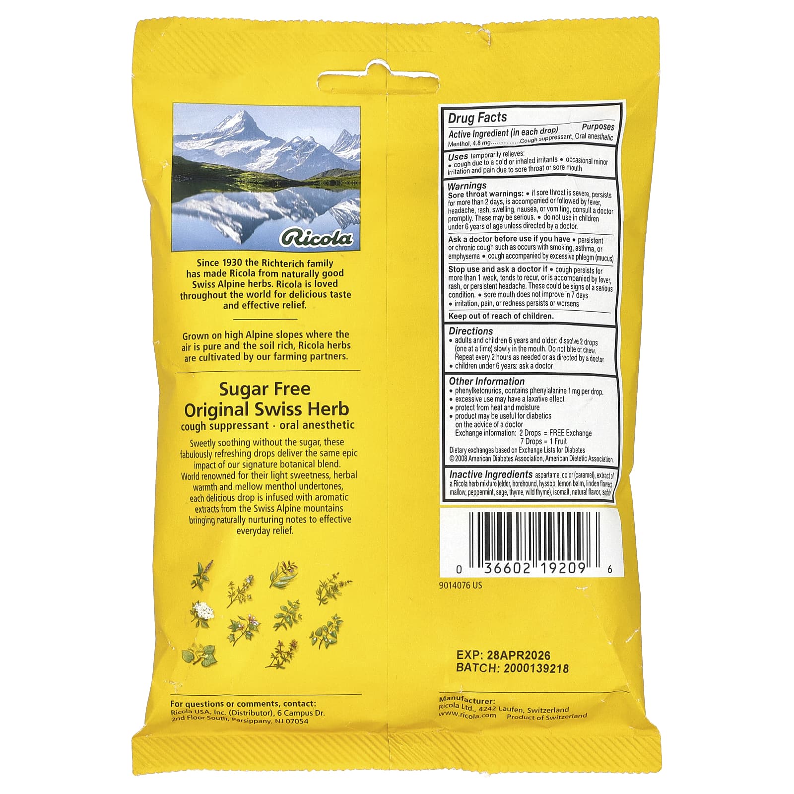 Ricola, Swiss Herb Cough Drops, Sugar Free, 19 Wrapped Drops