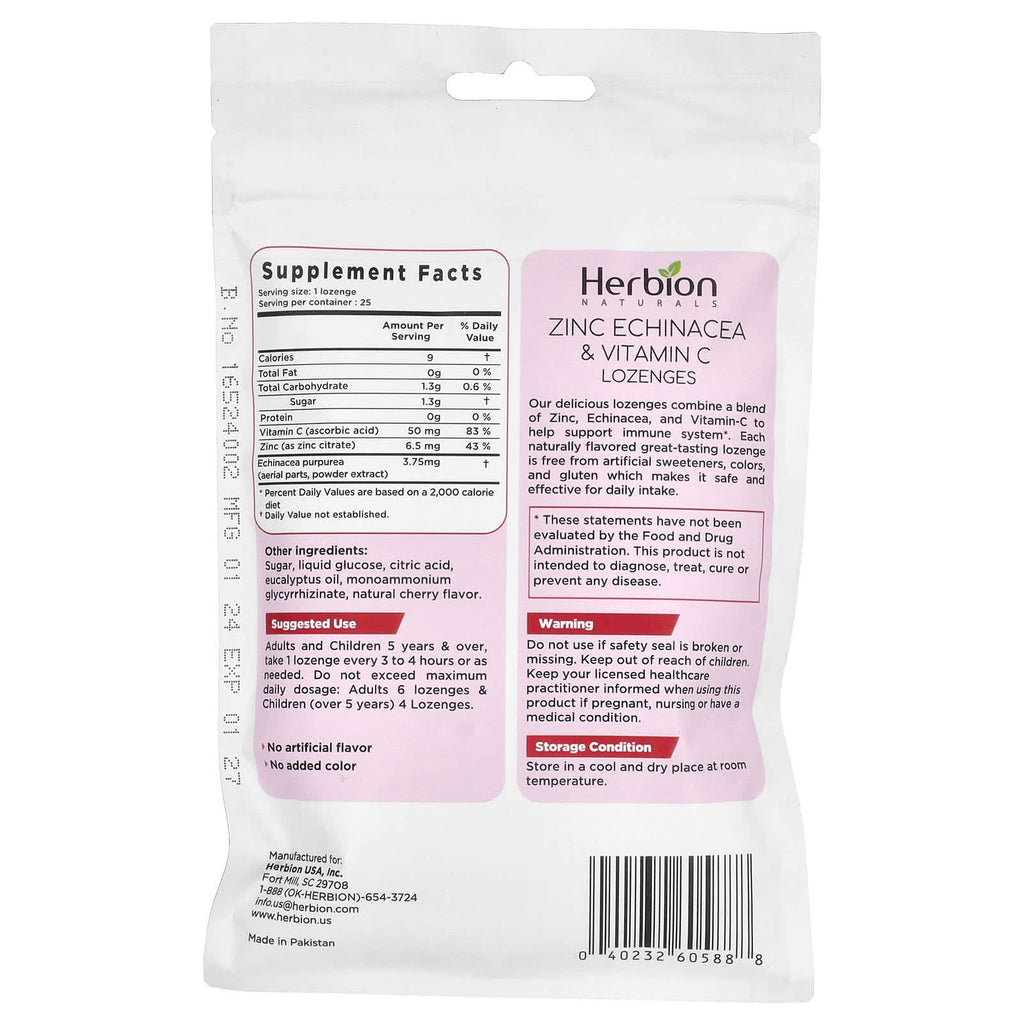 Herbion Naturals, Zinc Echinacea & Vitamin C Lozenges, Cherry, 25 Lozenges