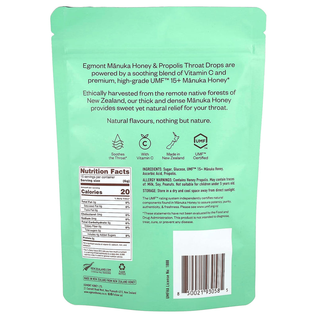 Egmont Honey, Manuka Honey & Propolis Throat Drops, 15 Drops, 3.17 oz (90 g)