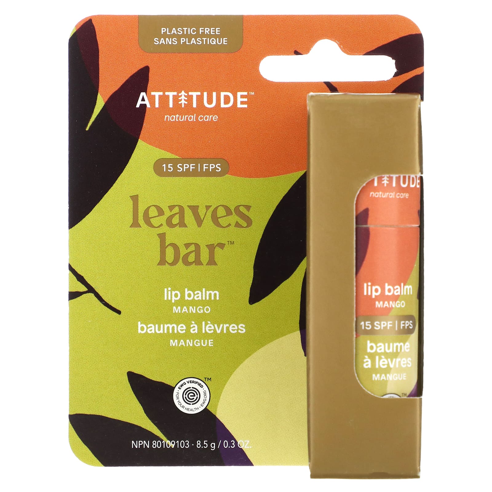 ATTITUDE, Leaves Bar, Lip Balm, SPF 15, Mango, 0.3 oz (8.5 g)