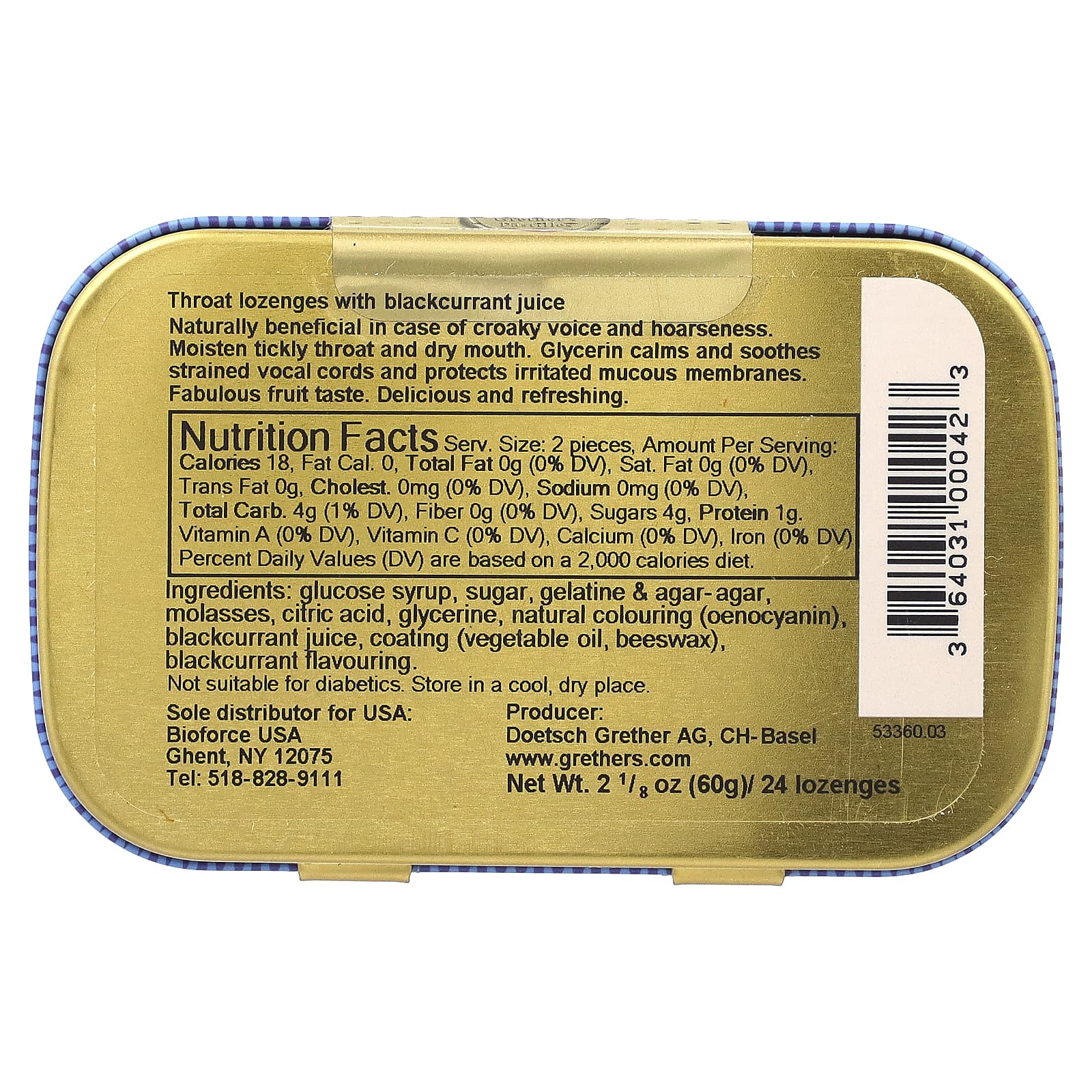 Grether's Pastilles, For Throat and Voice, Blackcurrant , 24 Lozenges, 2 1/8 oz (60 g)