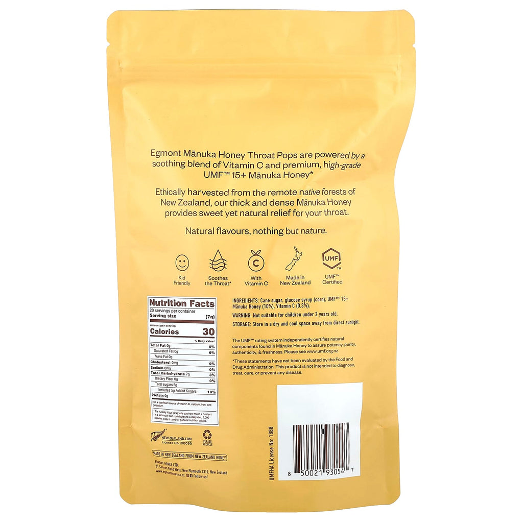Egmont Honey, Manuka Honey Throat Pops, UMF™ 15+, 20 Throat Pops, 4.94 oz (140 g)