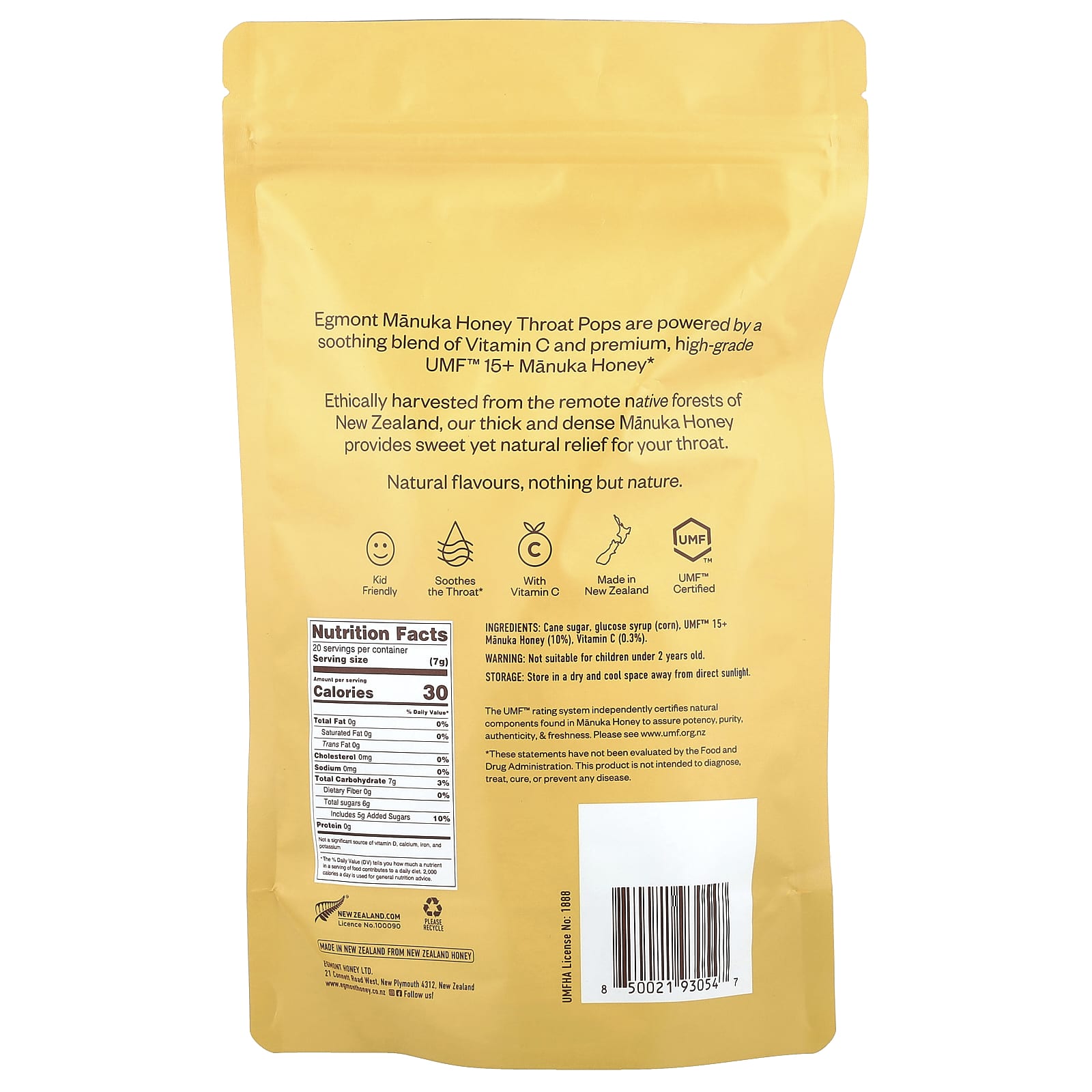 Egmont Honey, Manuka Honey Throat Pops, UMF™ 15+, 20 Throat Pops, 4.94 oz (140 g)
