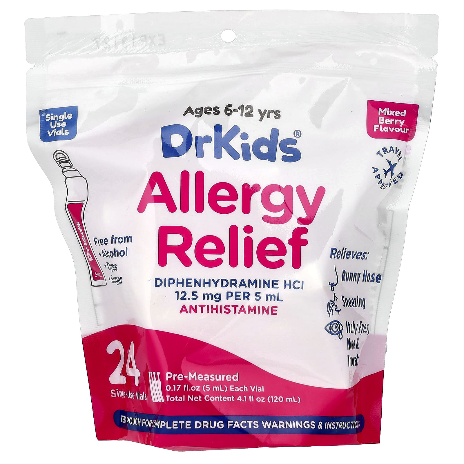 DrKids, Allergy Relief, Ages 6-12 Yrs, Mixed Berry, 24 Single-Use Vials, 0.17 fl oz (5 ml) Each