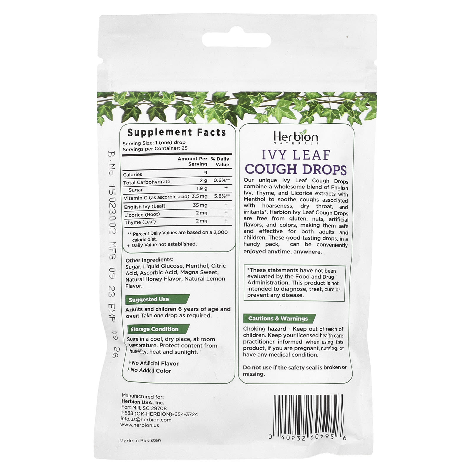 Herbion Naturals, Ivy Leaf Cough Drops, Honey Lemon, 25 Individually Wrapped Drops