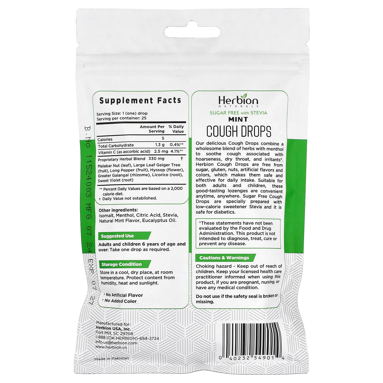 Herbion Naturals, Cough Drops, Sugar Free, Mint, 25 Individually Wrapped Drops