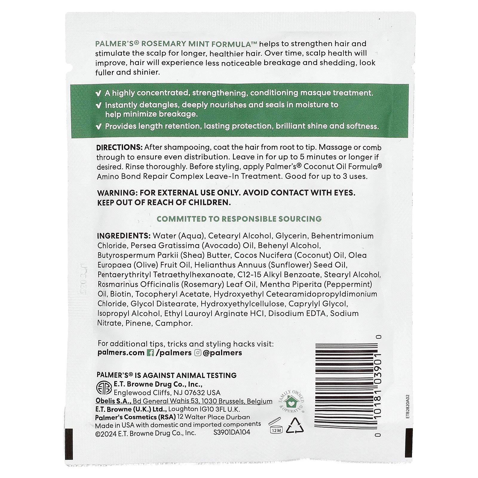 Palmer's, Rosemary Mint Formula™ With Vitamin E, Strengthening Pack, 2.1 oz (60 g)