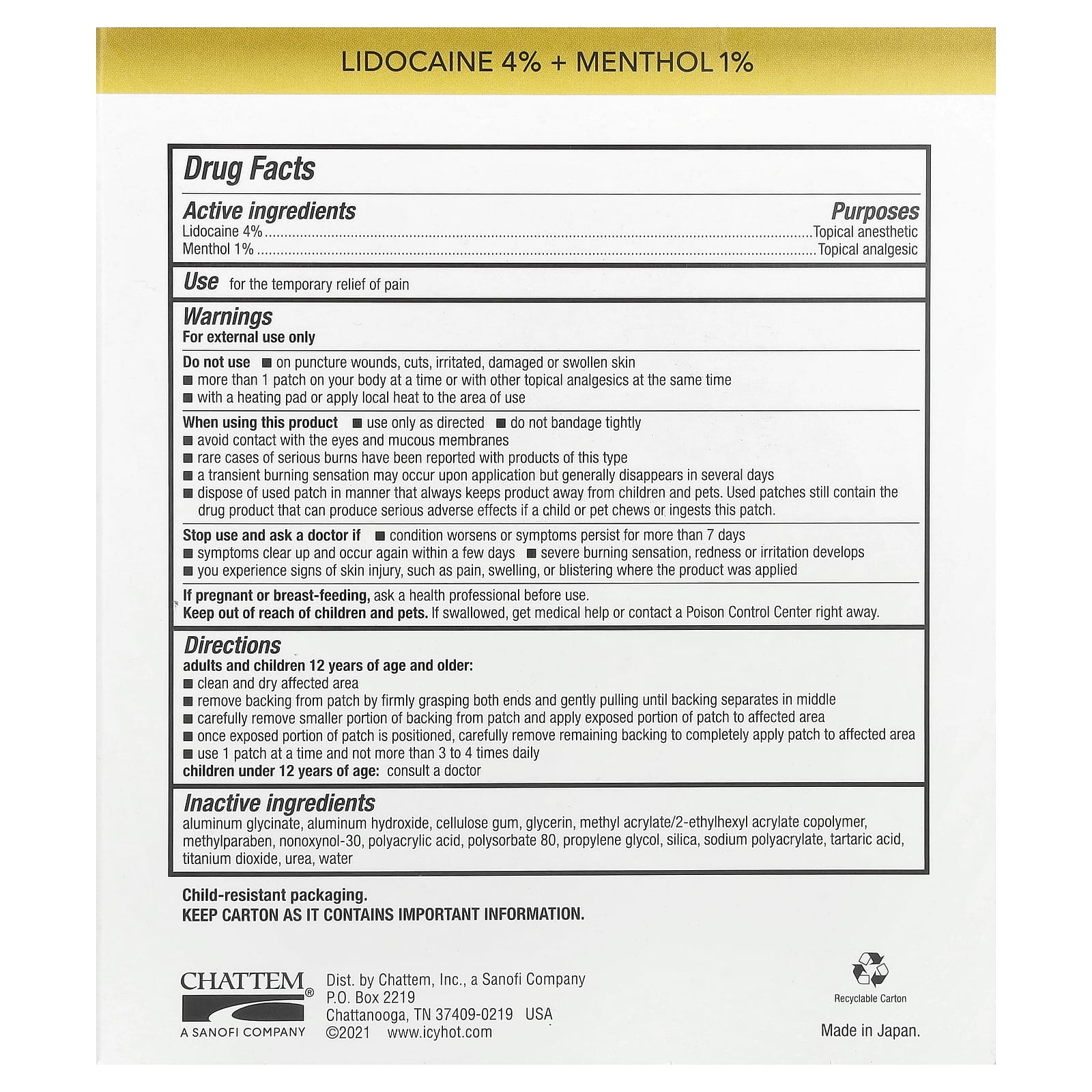 Icy Hot, Max Lidocaine Pain Relief Patch, 5 Patches