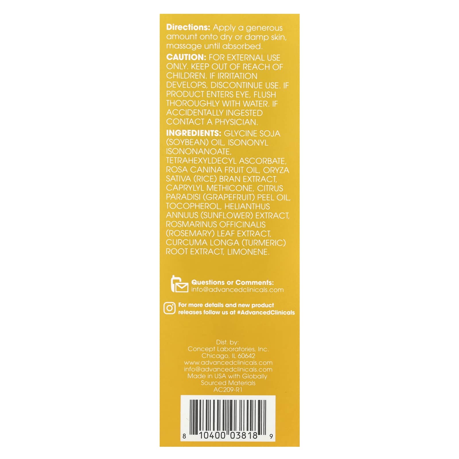 Advanced Clinicals, Vitamin C, Brightening Body Oil, 3.8 fl oz (112 ml)
