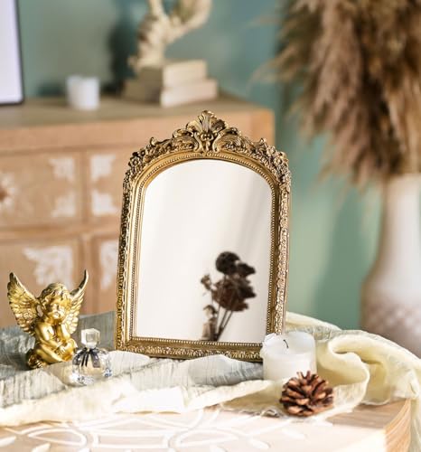 HSDHOME Gold Vintage Vanity Desk Mirror with Carved Resin Frame