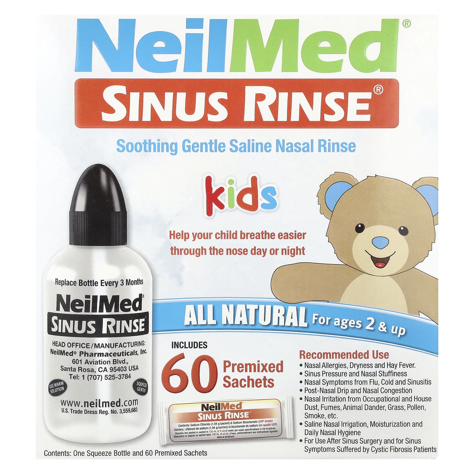 NeilMed, Kids, Sinus Rinse®, Ages 2+, 1 Squeeze Bottle, 60 Premixed Packets