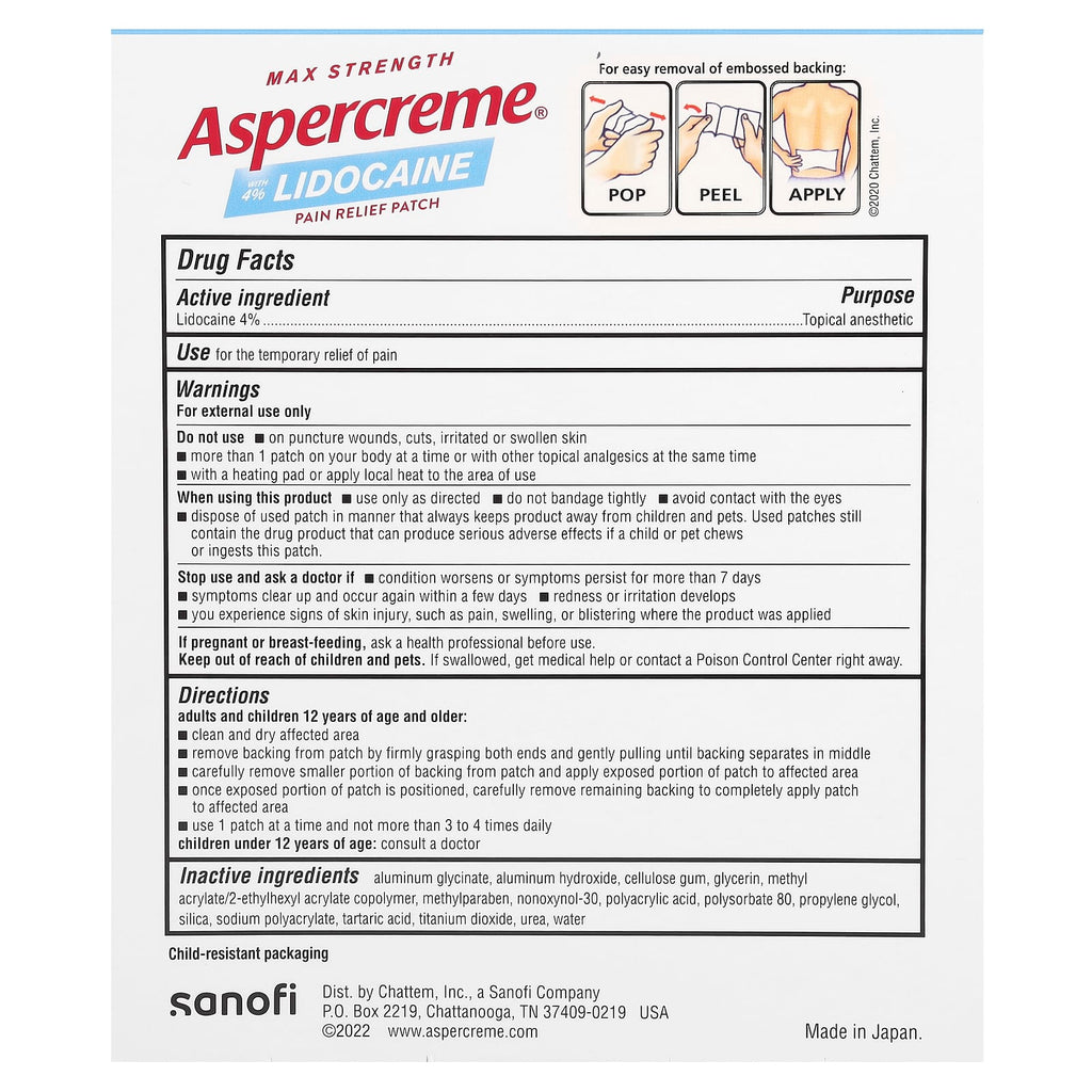 Aspercreme, Pain Relief Patch with 4% Lidocaine, Max Strength, Fragrance-Free, 5 Patches