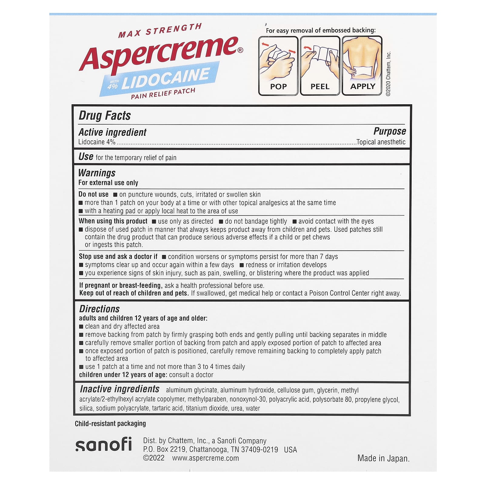 Aspercreme, Pain Relief Patch with 4% Lidocaine, Max Strength, Fragrance-Free, 5 Patches