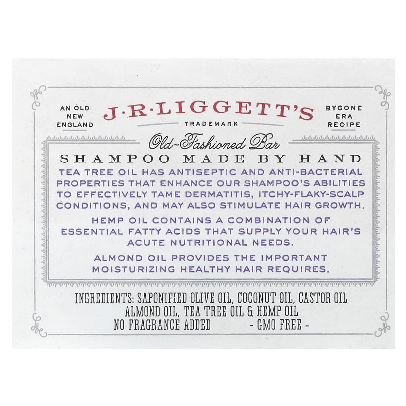 J.R. Liggett's, Old Fashioned Shampoo Bar, Tea Tree & Hemp Oil, 3.5 oz (99 g)